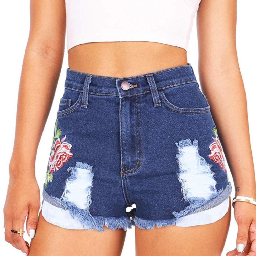 Vibrant high waisted rose embroidered shorts